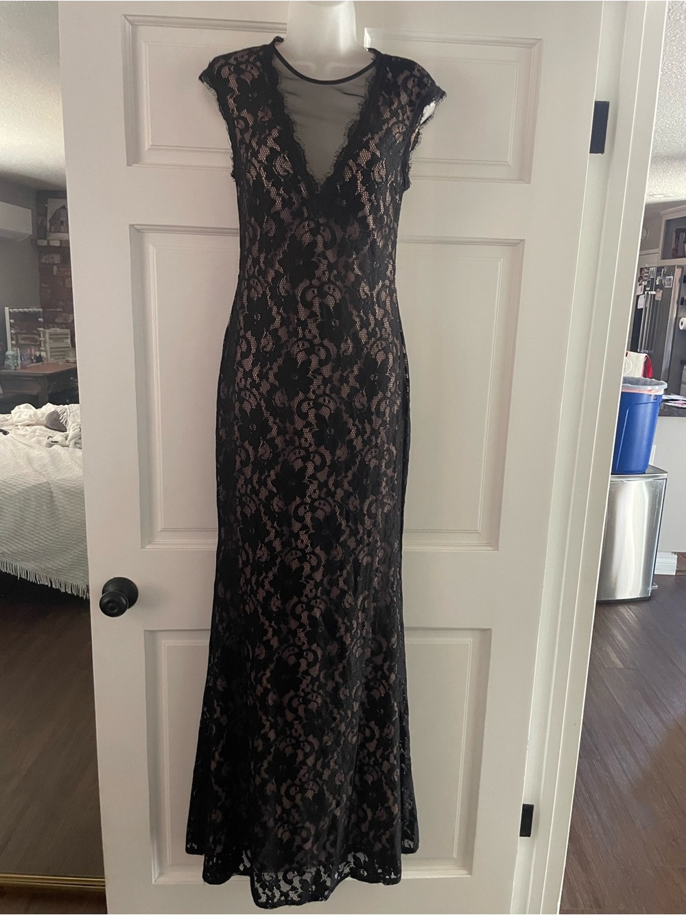 Formal Black Lace Evening Dress with Sheer with built in bra